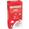 Czerwone opakowanie pieluszek z napisem "HUGGIES Little Movers" oraz informacją "Cloud soft comfort and protection". Widoczne są także oznaczenia "3", "4-9 kg", "56 DIAPERS" oraz ilustracja dziecka w pieluszce.