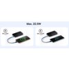 Na zdjęciu widoczny jest czarny powerbank podłączony do dwóch różnych smartfonów za pomocą niebieskich kabli. Nad urządzeniami znajdują się napisy: "Max. 22.5W", "Max. 20W iPhone" oraz "Max. 22.5W Android", a obok nich ikony błyskawicy.