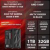 Na zdjęciu znajduje się komputer z obudową o geometrycznym wzorze oraz specyfikacja techniczna: karta graficzna Palit GeForce RTX 5060Ti Infinity 3 16GB, procesor AMD 7500F, płyta główna ASUS TUF Gaming B650E-E WiFi, chłodzenie Arctic Freezer 36 Black, za