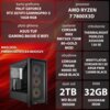 Na zdjęciu znajduje się komputer z przezroczystym panelem bocznym, a obok niego widnieją specyfikacje techniczne: karta graficzna Palit GeForce RTX 5070Ti GamingPro-S 16GB RGB, procesor AMD Ryzen 7 7800X3D, płyta główna ASUS TUF Gaming B650E-E WiFi, zasil