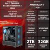 Na zdjęciu znajduje się komputer z widocznymi podzespołami oraz specyfikacją techniczną na tle czerwonej grafiki. Specyfikacja obejmuje: karta graficzna Palit GeForce RTX 5070 Infinity 3 12GB, procesor AMD Ryzen 7 7700, płyta główna ASUS TUF Gaming B650E-