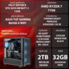 Na zdjęciu znajduje się komputer z podświetleniem RGB oraz specyfikacja techniczna: karta graficzna Palit GeForce RTX 5070 Infinity 3 12GB, procesor AMD Ryzen 7 7700, płyta główna ASUS TUF Gaming B650E-E WiFi, chłodzenie Thermalright Peerless Assassin 120