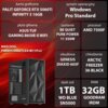 Czerwone tło z białym tekstem opisującym specyfikację komputera: karta graficzna PALIT GEFORCE RTX 5060Ti INFINITY 3 16GB, płyta główna ASUS TUF GAMING B650E-E WIFI, system operacyjny Windows Pro Standard, zasilanie BE QUIET PURE POWER 11 550W, procesor A