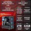 Na zdjęciu znajduje się komputer z widocznymi komponentami oraz specyfikacją techniczną na tle czerwonej grafiki. Specyfikacja obejmuje: karta graficzna Palit GeForce RTX 5070 Infinity 3 12GB, procesor AMD Ryzen 7 7700, płyta główna ASUS TUF Gaming B650E-