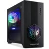 Czarny komputer stacjonarny z podświetleniem RGB widocznym przez boczny panel, z przodu znajduje się logo "Predator" oraz kilka portów. Na podświetlonym wentylatorze wewnątrz obudowy widoczny jest napis "GEFORCE RTX".