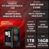 Na zdjęciu znajduje się komputer z podświetleniem RGB oraz szczegółowa specyfikacja techniczna: karta graficzna GIGABYTE RTX 3060 WINDFORCE OC 12GB, procesor AMD RYZEN 5 5500, płyta główna GIGABYTE B550 AORUS ELITE AX V2, chłodzenie ARCTIC FREEZER 36 ARGB