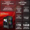 Na zdjęciu znajduje się komputer z podświetleniem RGB oraz specyfikacja techniczna: karta graficzna GIGABYTE RTX 3060 WINDFORCE OC 12GB, procesor AMD RYZEN 5 5500, płyta główna GIGABYTE B550 AORUS ELITE AX V2, zasilanie GIGABYTE P550SS 550W 80+SILVER, chł