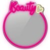 Okrągłe lustro z neonowym napisem "Beauty" w kolorze różowym oraz żółtym sercem w górnej części. Lustro otoczone jest różową neonową obwódką.