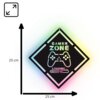 Kwadratowy neon LED z napisem "GAMER ZONE" oraz grafiką kontrolera do gier i napisem "LOADING..." z paskiem ładowania, otoczony kolorową poświatą. Wymiary produktu to 25 cm na 25 cm.