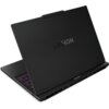Czarny laptop z widocznym logo "LEGION" na pokrywie, z otwartą klapą ukazującą klawiaturę z fioletowym podświetleniem. Na dolnej krawędzi pokrywy znajduje się logo "Lenovo", a z tyłu widoczne są porty i otwory wentylacyjne.