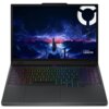 Laptop z kolorową klawiaturą podświetlaną, na ekranie widoczna jest grafika przedstawiająca futurystyczne miasto z błyskawicami na niebie. W prawym górnym rogu ekranu znajduje się logo oraz napis "Lenovo LEGION".
