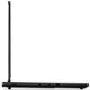 Laptop w kolorze czarnym, widoczny z boku, z otwartą pokrywą i ekranem. Na krawędzi obudowy znajdują się różne porty, w tym porty USB i Ethernet.