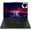 Laptop z podświetlaną klawiaturą w różnych kolorach, na ekranie wyświetlona jest grafika przedstawiająca futurystyczne miasto z błyskawicami na tle czerwono-fioletowego nieba. W prawym górnym rogu ekranu widoczne jest logo oraz napis "Lenovo LEGION".