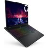 Laptop z kolorową klawiaturą podświetlaną, wyświetlający na ekranie grafikę z motywem futurystycznego miasta na tle burzowego nieba. W prawym górnym rogu ekranu widoczne jest logo oraz napis "Lenovo LEGION".