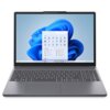 Laptop z otwartym ekranem wyświetlającym interfejs systemu Windows 11, z widocznym menu Start i ikonami aplikacji na tle niebieskiej tapety. Klawiatura jest pełnowymiarowa, a obudowa ma ciemny kolor.