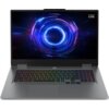 Laptop z otwartym ekranem wyświetlającym kolorową grafikę z koncentrycznymi okręgami, z widocznym logo "Lenovo LOQ" w rogu. Klawiatura podświetlana w różnych kolorach.