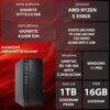 Na zdjęciu znajduje się komputer z opisem specyfikacji technicznej na tle czerwonych wzorów. Specyfikacja obejmuje: karta graficzna GIGABYTE GT710 2.0 2GB, płyta główna GIGABYTE A520M S2H, procesor AMD RYZEN 5 3500X, karta sieciowa TP-LINK ARCHER T2U NANO