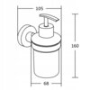 Czarno-biały schemat dozownika do mydła z wymiarami: szerokość 105 mm, głębokość 68 mm, wysokość 160 mm. Dozownik ma prosty, cylindryczny kształt z uchwytem montażowym.