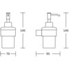 Schematyczny rysunek dozownika do mydła z wymiarami: wysokość 145 mm, szerokość podstawy 70 mm, a głębokość 95 mm. Produkt ma prosty, cylindryczny kształt z pompką na górze.