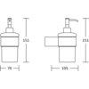 Schematyczny rysunek dozownika do mydła z wymiarami: wysokość 151 mm, szerokość 70 mm, głębokość 105 mm. Produkt oznaczony jako "Mexen Base dozownik do mydła, chrom - 70882388-00".