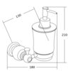 Ilustracja przedstawia schematyczny rysunek dozownika do mydła z wymiarami: 130 mm, 180 mm i 210 mm. Produkt ma cylindryczny kształt z pompką na górze.