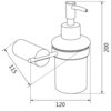 Czarno-biały schemat dozownika do mydła z wymiarami: wysokość 200 mm, szerokość 120 mm, głębokość 115 mm. Produkt ma cylindryczny kształt z dźwignią do dozowania mydła.
