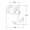 Czarno-biały schemat techniczny przedstawia podwójny haczyk na ręcznik z wymiarami: 100 mm szerokości i 120 mm wysokości. Haczyk ma zaokrąglone zakończenia i ozdobne detale, a na rysunku widoczne są linie wymiarowe.