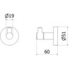 Diagram techniczny przedstawia wymiary haczyka na ręcznik w kolorze różowego złota, model Mexen Remo. Widoczne są dwa widoki: z przodu z oznaczeniem średnicy 19 mm oraz z boku z wymiarami 60 mm i średnicą 51 mm.