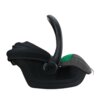 Szary fotelik samochodowy KINDERKRAFT Mink Pro 2 i-Size 40-87 cm (0-13 kg) z czarną rączką i zielonym elementem na boku. Na rączce widoczne jest logo "Kk".