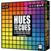 Na zdjęciu znajduje się pudełko gry planszowej z kolorową siatką kwadratów w odcieniach od żółtego do fioletowego. Na środku widnieje napis: "HUES AND CUES A Guessing Game of Colors and Clues by Scott Brady", a w rogu logo "the op GAMES".