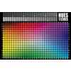 Plansza z gry planszowej "Hues and Cues" przedstawia siatkę kolorów z oznaczeniami literowymi od A do P i liczbowymi od 1 do 30, z logo "HUES AND CUES" w prawym górnym rogu. Kolory przechodzą od odcieni brązu, przez czerwienie, róże, fiolety, błękity, zie