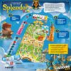 Gra planszowa "Splendor Kids" przedstawiona jest na kolorowym tle z ilustracjami postaci i planszy do gry, z widocznymi elementami takimi jak żetony i zasoby. Na zdjęciu znajdują się napisy: "Zbieraj różnorodne zasoby", "Wykorzystuj zasoby do poruszania s