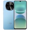 Niebieski smartfon z dużym ekranem, na którym widoczna jest abstrakcyjna grafika w odcieniach zieleni i błękitu. Na tylnej obudowie znajduje się okrągły moduł z trzema obiektywami i napisem "MULTI AI CAMERA", a poniżej logo "OSCAL" oraz oznaczenia CE.