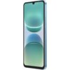 Smartfon w kolorze niebieskim z dużym ekranem, na którym widoczna jest abstrakcyjna grafika w odcieniach zieleni i błękitu. Na boku urządzenia znajdują się dwa przyciski.