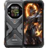 Smartfon OSCAL Tank 1 5G 12/256GB 6.78" 120Hz w kolorze pomarańczowym, z przodu wyświetlacz z grafiką przedstawiającą postać w zbroi otoczoną płomieniami, z tyłu okrągły moduł aparatu z wyświetlaczem pokazującym godzinę 10:08, datę 18.02 oraz wskaźniki. Na obudowie widoczne są geometryczne wzory i logo OSCAL.