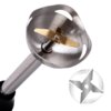 Na zdjęciu widoczny jest metalowy element blendera z ostrzem w kształcie litery "X" oraz schematyczna ilustracja ostrza obok. Blender ma stalową konstrukcję z wykończeniem w kolorze srebrnym.