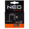 Opakowanie zszywek NEO TOOLS z widocznym logo, zawiera informacje o wymiarach zszywek: 11.3 mm szerokości, 14 mm wysokości, oraz grubości 0.5 x 0.7 mm. Na opakowaniu znajduje się napis "x1000 Zszywki Staples Скобы", a także oznaczenia "14 mm J 53" i numer