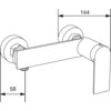 Na ilustracji widoczny jest schemat baterii prysznicowej z oznaczeniami wymiarów: 144 mm i 58 mm. Produkt ma prosty, nowoczesny design z jednym uchwytem.