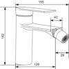 Schematyczny rysunek techniczny baterii bidetowej z wymiarami: wysokość 142 mm, długość wylewki 126 mm, całkowita długość 155 mm, szerokość wylewki 42 mm, średnica końcówki 29 mm. Produkt to "Mexen Zero bateria bidetowa złota - 71120-50".