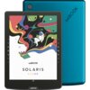Czytnik e-booków z kolorowym ekranem, na którym widoczna jest ilustracja przedstawiająca astronautę unoszącego się w przestrzeni z książką, otoczonego kolorowymi planetami i gwiazdami. Na ekranie widnieje tekst: "inkBOOK SOLARIS COLOR", a obudowa urządzenia jest turkusowa z logo "inkBOOK".