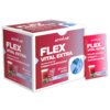 Na zdjęciu znajduje się opakowanie suplementu diety ACTIVLAB Flex Vital Extra o smaku porzeczkowo-żurawinowym, zawierające 30 saszetek po 11 g każda, z wysoką zawartością kolagenu hydrolizowanego. Widoczna jest również pojedyncza saszetka z tym samym produktem oraz grafika przedstawiająca szklankę z napojem i owoce.