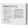 Opakowanie suplementu diety "Biotyna FORTE 10 mg Activlab Pharma" zawiera szczegółowe informacje o produkcie, w tym zalecenia dotyczące stosowania, składniki oraz informacje żywieniowe. Widoczny tekst opisuje, że produkt jest polecany przy osłabionych włosach i paznokciach, a także zawiera ostrzeżenia dotyczące spożycia i potencjalnych alergenów.