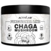 Opakowanie suplementu diety ACTIVLAB Chaga Mushroom o pojemności 100 g, z napisem "FUNCTIONAL LINE" oraz grafiką grzyba w tle. Na etykiecie znajdują się informacje: "Measuring scoop", "Add to coffee, tea or other beverage", "VEGE Friendly", "100% Fruiting body extract".