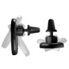 Czarny uchwyt samochodowy z funkcją MagSafe Qi2, przedstawiony w dwóch ujęciach, ukazuje mechanizm mocowania i regulacji. Produkt ma okrągłą podstawę i elementy umożliwiające montaż w samochodzie.
