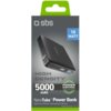 Opakowanie powerbanku marki SBS z napisem "10 WATT" na niebieskim tle oraz "HIGH DENSITY 5000 mAh" w kolorze białym i szarym. Widoczny jest również napis "NanoTube™ Power Bank Ideal for iPhone, Samsung & Others" oraz logo "sbs".
