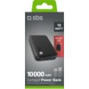 Na zdjęciu znajduje się opakowanie powerbanku marki SBS o pojemności 10000 mAh, z napisem "10 WATT" oraz "POCKET SIZE". Widoczny jest również tekst "Compact Power Bank Ideal for iPhone, Samsung & Others" oraz oznaczenia "x4 CHARGE" i "x2 CHARGE".