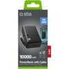 Opakowanie powerbanku marki SBS o pojemności 10000 mAh, z oznaczeniem "PD 20W" i informacją o wbudowanym kablu "ROLL-UP CABLE". Na opakowaniu widnieje napis "PowerBank with Cable Ideal for iPhone, Smartphone & Tablet" oraz logo "sbs".