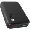 Czarny powerbank z logo "sbs" na powierzchni, posiada dwa porty: czerwony oznaczony jako "TYPE-C" i zielony oznaczony jako "USB". Produkt ma zaokrąglone krawędzie i gładką powierzchnię.