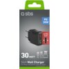 Czarne opakowanie ładowarki sieciowej z logo "sbs" i napisem "PD 30W" na niebieskim tle. Widoczne są także napisy: "ULTRA SLIM", "30 WATT", "Slim Wall Charger For iPhone, Smartphone, Tablet & Laptop", oraz symbole ładowania 30%, 60%, 110%.