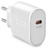 Biała ładowarka sieciowa z logo "sbs" i oznaczeniem "PD 30W" obok portu USB-C. Produkt ma dwa metalowe bolce do podłączenia do gniazdka elektrycznego.